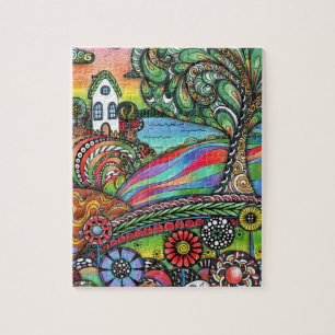 Whimsical Zentangle Fairytale House & Magical Tree Jigsaw Puzzle