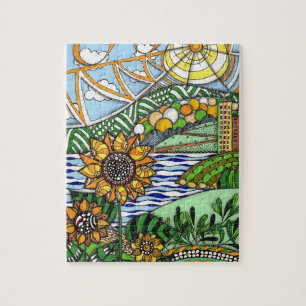 Whimsical Zentangle Sunflowers and City Landscape  Jigsaw Puzzle