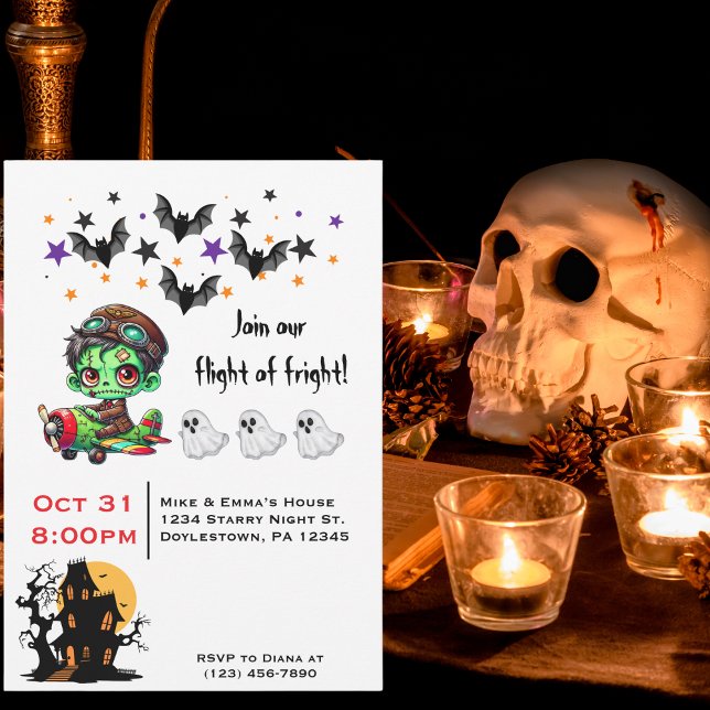 Whimsical Zombie Pilot Aeroplane Cute Ghosts & Bat Invitation (Creator Uploaded)
