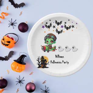 Whimsical Zombie Pilot Aeroplane Cute Ghosts & Bat Paper Plate