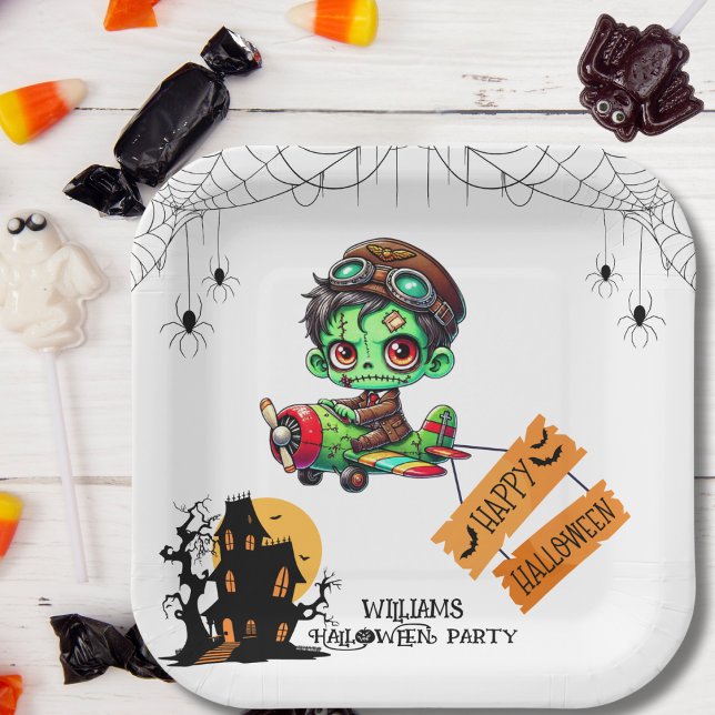 Whimsical Zombie Pilot Aeroplane Kids Halloween  Paper Plate (Creator Uploaded)