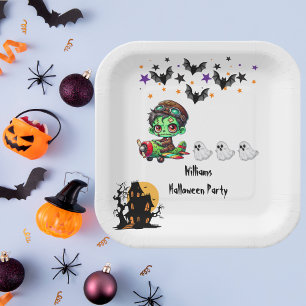 Whimsical Zombie Pilot Airplane Cute Ghosts & Bats Paper Plate