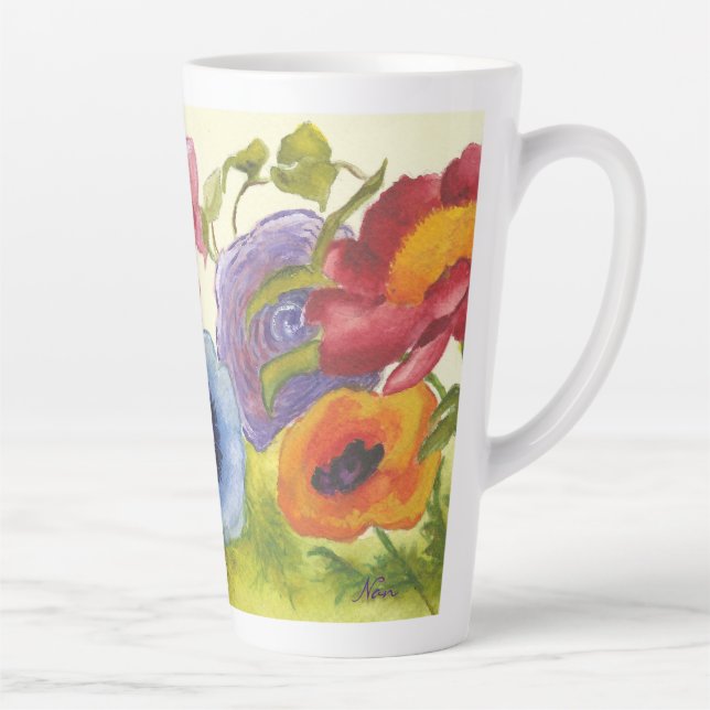 Whimsically colourful flowers on tall latte mug (Right)