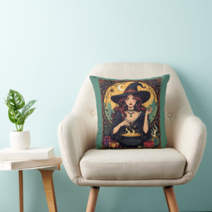Whimsically Enchanting Witch With Spiders Cushion