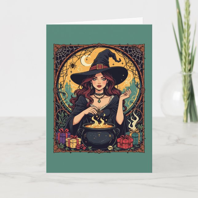 Whimsically Enchanting Witch With Spiders Holiday Card (Front)