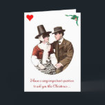Whimsicle Romantic Christmas Card<br><div class="desc">A romantic image of an adoring couple is featured on this whimsical Christmas card.  Inside left,  the Welsh inscription translates to "where's the beer?",  in English.  Inside right,  the inscription translates to,  "Merry Christmas,  Happy New Year,  my dear".</div>