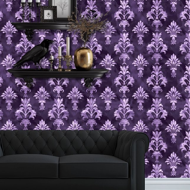 Whimsigoth Antique Style Purple Wallpaper (Whimsigoth Dark Purple with Light Purple wallpaper behind a black couch and goth floating shelves)