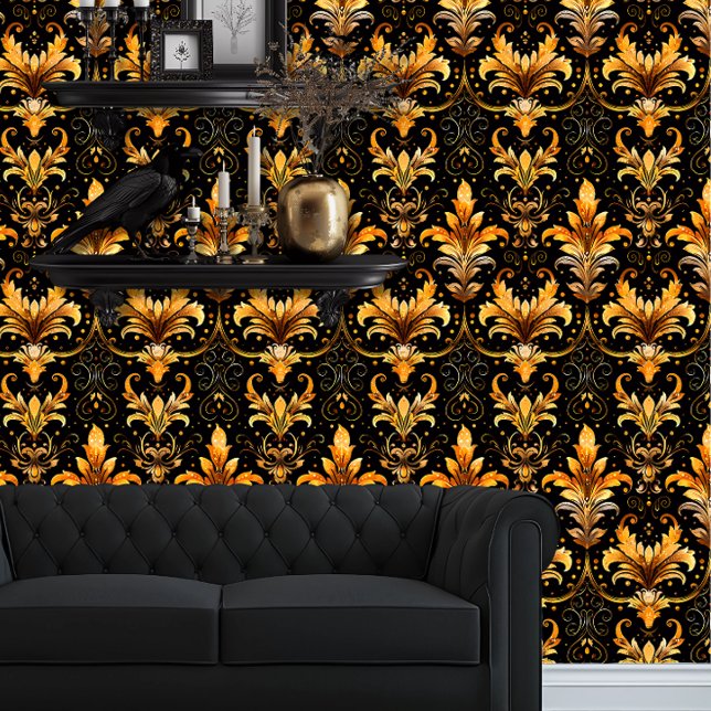 Whimsigoth Black and Gold Fauna Wallpaper (Whimsigoth Yellow Damask on Black wallpaper behind a black couch.)