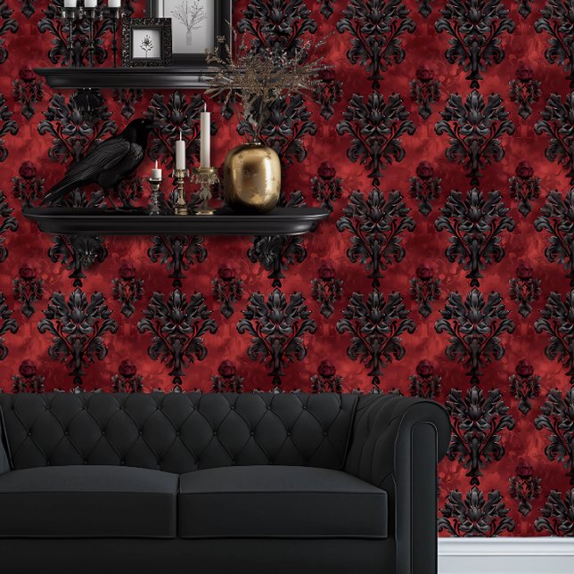 Whimsigoth Black on Red Fleur Wallpaper (Whimsigoth Dark Red & Black Wallpaper behind a black couch and floating goth shelves.)