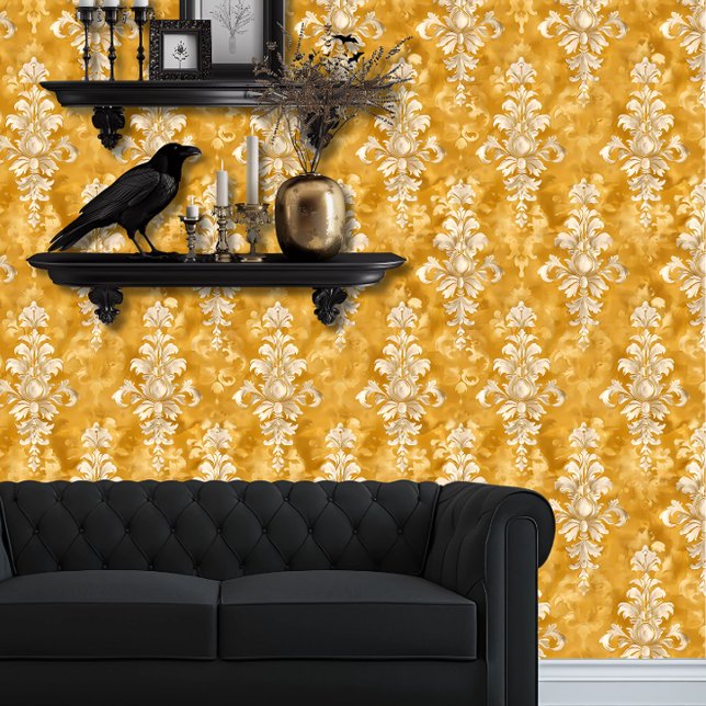 Whimsigoth Cream on Gold Elegant Wallpaper (Whimsigoth Cream Damask on Yellow wallpaper behind a black couch.)