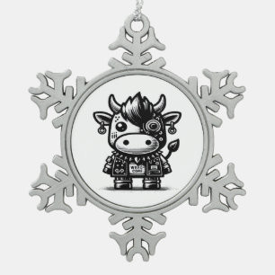 Whimsigoth Cyborg Cow Vintage Art Design Classic Snowflake Pewter Christmas Ornament