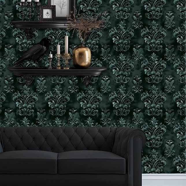 Whimsigoth Decorative Emerald Green Wallpaper (Whimsigoth Green Damask wallpaper behind a black couch.)