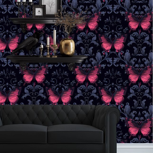 Whimsigoth Elegant Magenta Butterflies Wallpaper (Whimsigoth Magent Butterflies and Dark Damask wallpaper behind a black couch.)