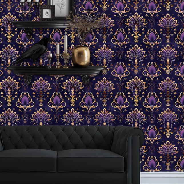 Whimsigoth Elegant Purple and Gold Wallpaper (Whimsigoth ELegatn Purple & Gold wallpaper behind a black couch.)