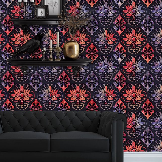 Whimsigoth Elegant Red and Purple Ombre Wallpaper (Whimsigoth Red & Blue Damask wallpaper behind a black couch.)