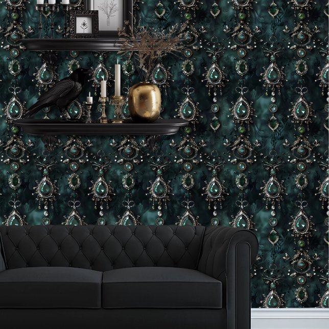 Whimsigoth Emerald Green Jewels  Wallpaper (Whimsigoth Emerald Green Jewels wallpaper behind a black couch.)