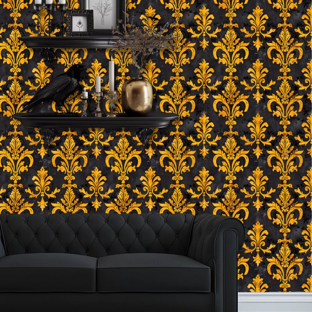 Whimsigoth Gold on Black Elegant Wallpaper (Whimsigoth Yellow Damask on Black wallpaper behind a black couch.)
