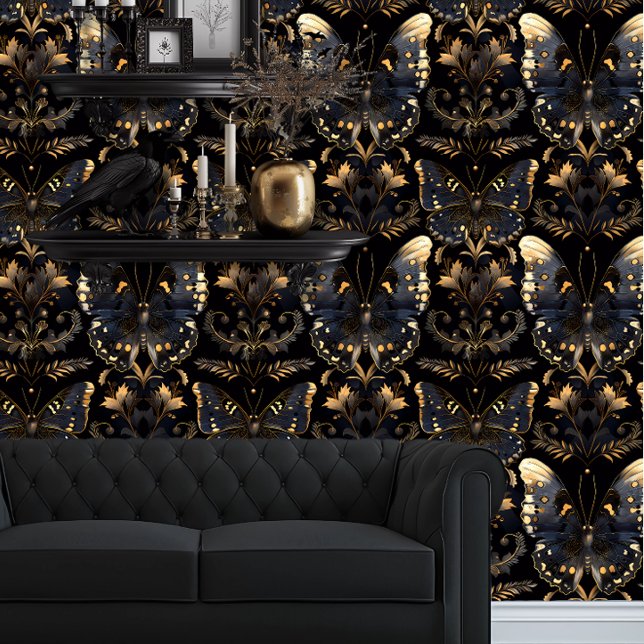 Whimsigoth Gold Translucent Butterflies Wallpaper (Whimsigoth Gold Translucent Butterflies Wallpaper behind a black couch.)