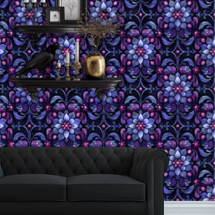 Whimsigoth Large Blue and Purple Flowers Wallpaper