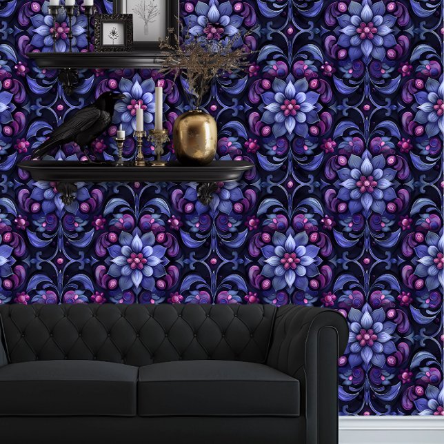 Whimsigoth Large Blue and Purple Flowers Wallpaper (Whimsigoth Purple & Blue Floral Damask wallpaper behind a black couch.)