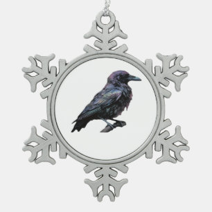 Whimsigoth Moody Floral Grungy Corvus, Raven, Crow Snowflake Pewter Christmas Ornament