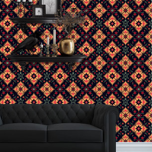 Whimsigoth Orange and Red Geometric Floral Wallpaper
