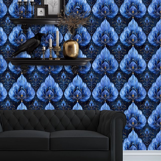 Whimsigoth Peacock Feather Inspired Blue Wallpaper (Whimsigoth Peacock Blue wallpaper behind a black couch.)