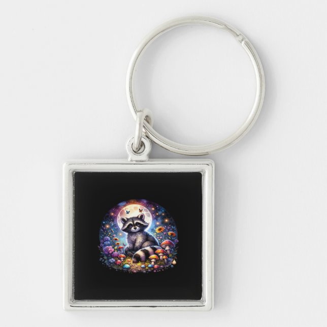 Whimsigoth Racoon By Moonlight, Cute Colourful Fan Key Ring (Front)