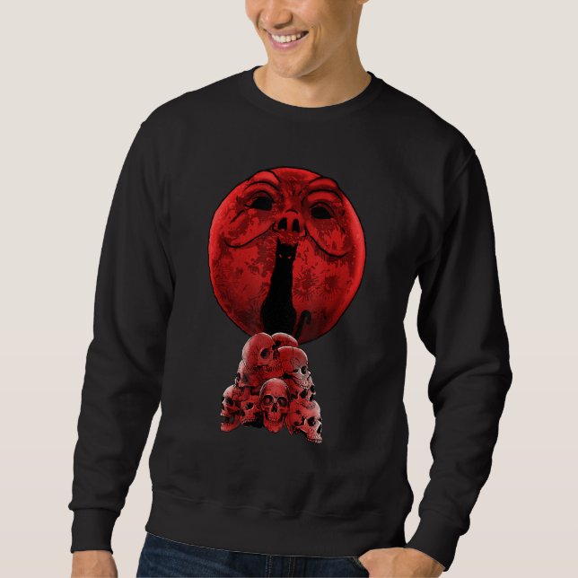Whimsigoth Red Halloween Cat Skull Full Moon Gothi Sweatshirt (Front)
