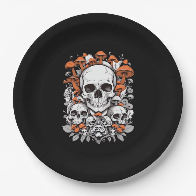 Whimsigoth Skulls & Mushrooms Vintage Botanical Ae Paper Plate (Front)