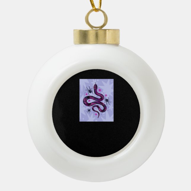 Whimsigoth Snake Spiders Flowers Ceramic Ball Christmas Ornament (Front)
