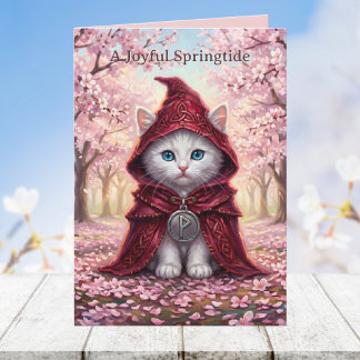 Whimsigoth White Cat Cherry Blossom Celtic Easter Card