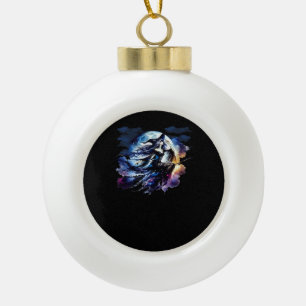 Whimsigoth Witch Flying Over Full Moon Women Kids Ceramic Ball Christmas Ornament