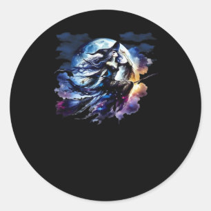 Whimsigoth Witch Flying Over Full Moon Women Kids Classic Round Sticker