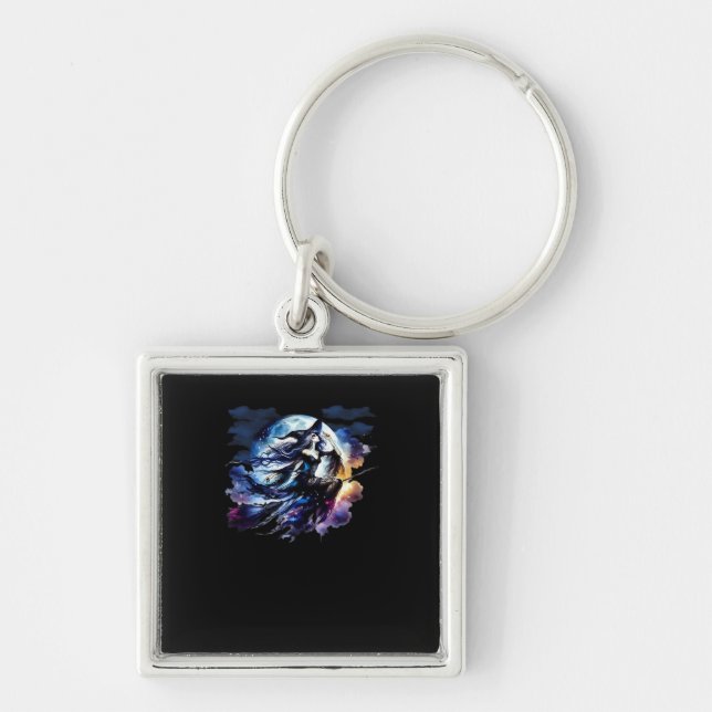 Whimsigoth Witch Flying Over Full Moon Women Kids  Key Ring (Front)
