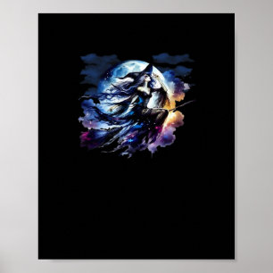 Whimsigoth Witch Flying Over Full Moon Women Kids  Poster