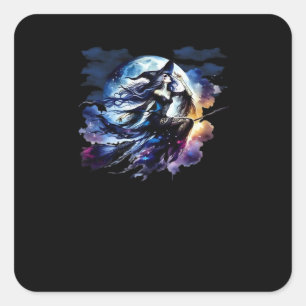 Whimsigoth Witch Flying Over Full Moon Women Kids  Square Sticker