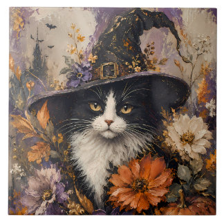 Whimsigothic Black Cat Witch Autumn Floral Ceramic Tile