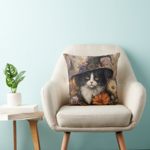 Whimsigothic Black Cat Witch Autumn Floral Cushion