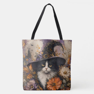Whimsigothic Black Cat Witch Autumn Floral Tote Bag