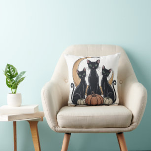 Whimsigothic Black Cats Pumpkin Moon Halloween Cushion