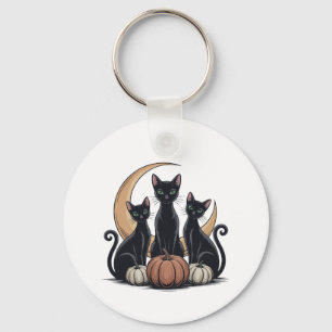 Whimsigothic Black Cats Pumpkin Moon Halloween Key Ring