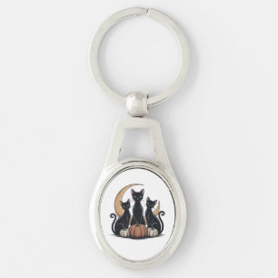 Whimsigothic Black Cats Pumpkin Moon Halloween  Key Ring