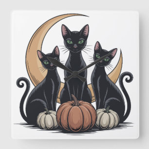 Whimsigothic Black Cats Pumpkin Moon Halloween Wal Square Wall Clock