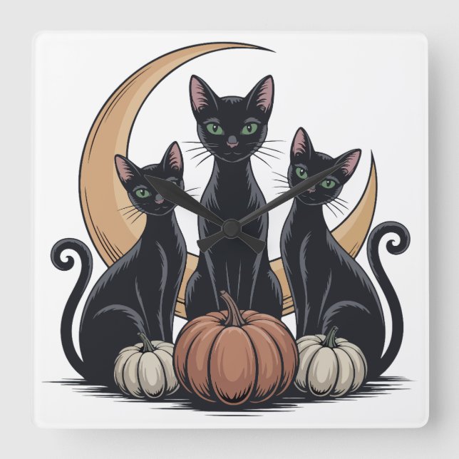 Whimsigothic Black Cats Pumpkin Moon Halloween Wal Square Wall Clock (Front)