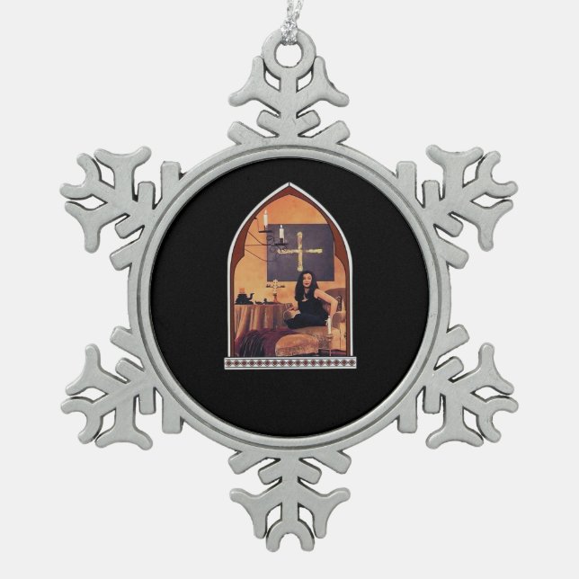 Whimsigothic Cathedral Window Classic Snowflake Pewter Christmas Ornament (Front)