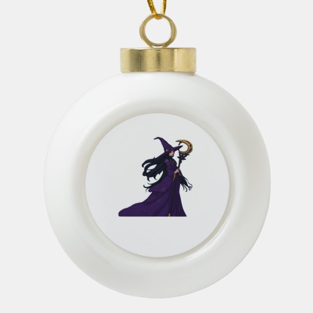 Whimsigothic Moon Witch Ceramic Ball Christmas Ornament (Front)