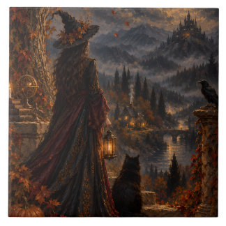 Whimsigothic Witch Autumn Moonlit Castle Ceramic Tile