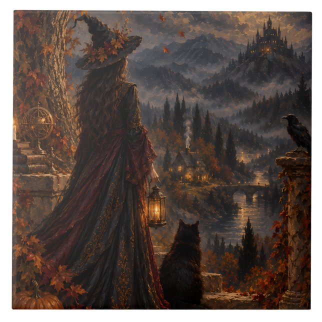 Whimsigothic Witch Autumn Moonlit Castle Ceramic Tile (Front)