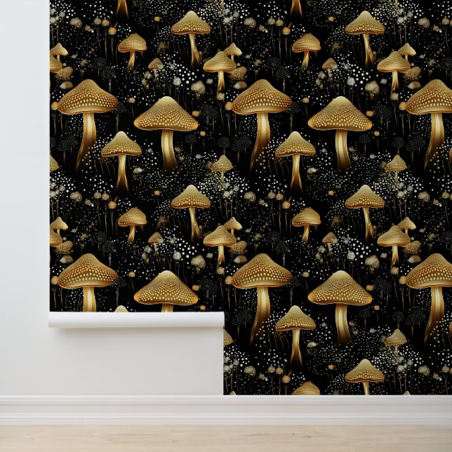 Whimsy Black Gold Mushrooms Pattern Peel And Stick Wallpaper (Application)